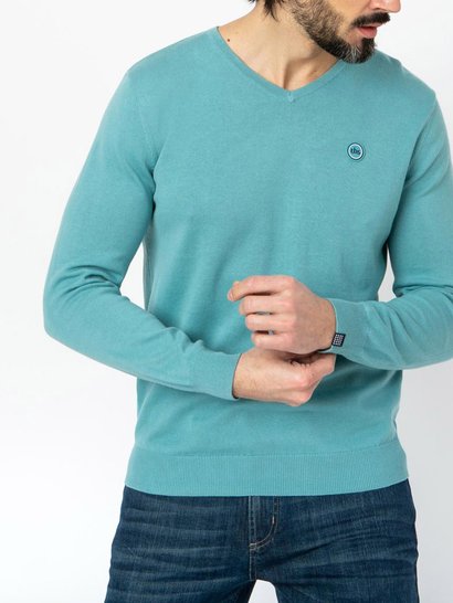 Pull Homme Col V Coton Bio Turquoise