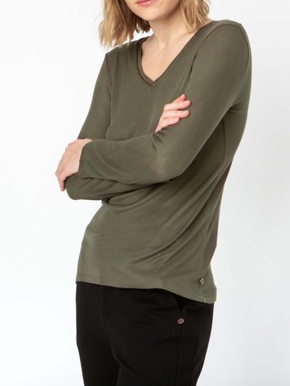 Tee Shirt Femme Col V Modal Kaki