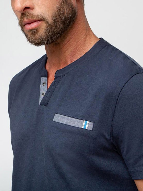 Tee Shirt Homme Col Tunisien Coton biologique Bleu Marine