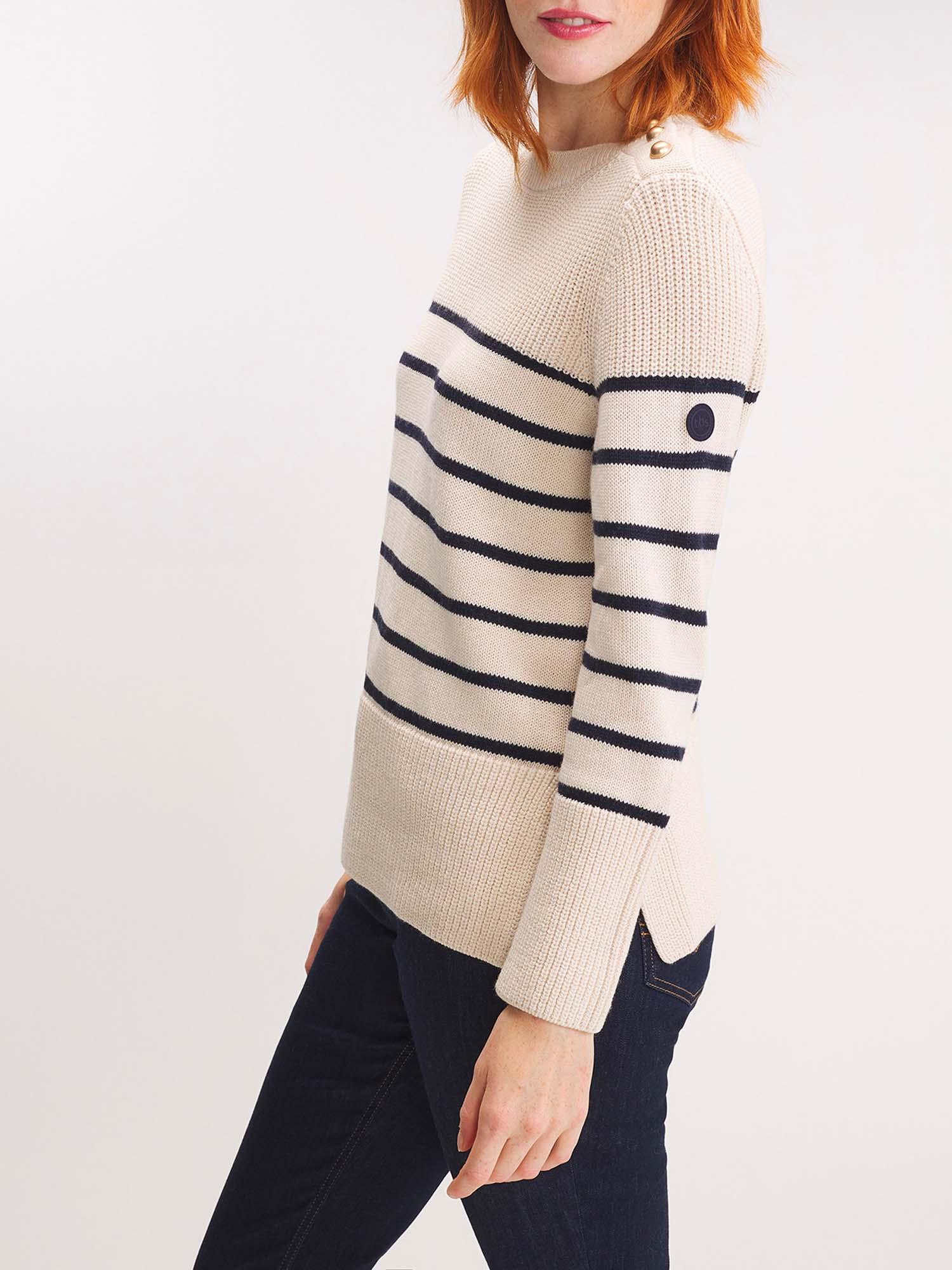 Pull Mariniere Femme Tricot Coton Laine Blanc tbs