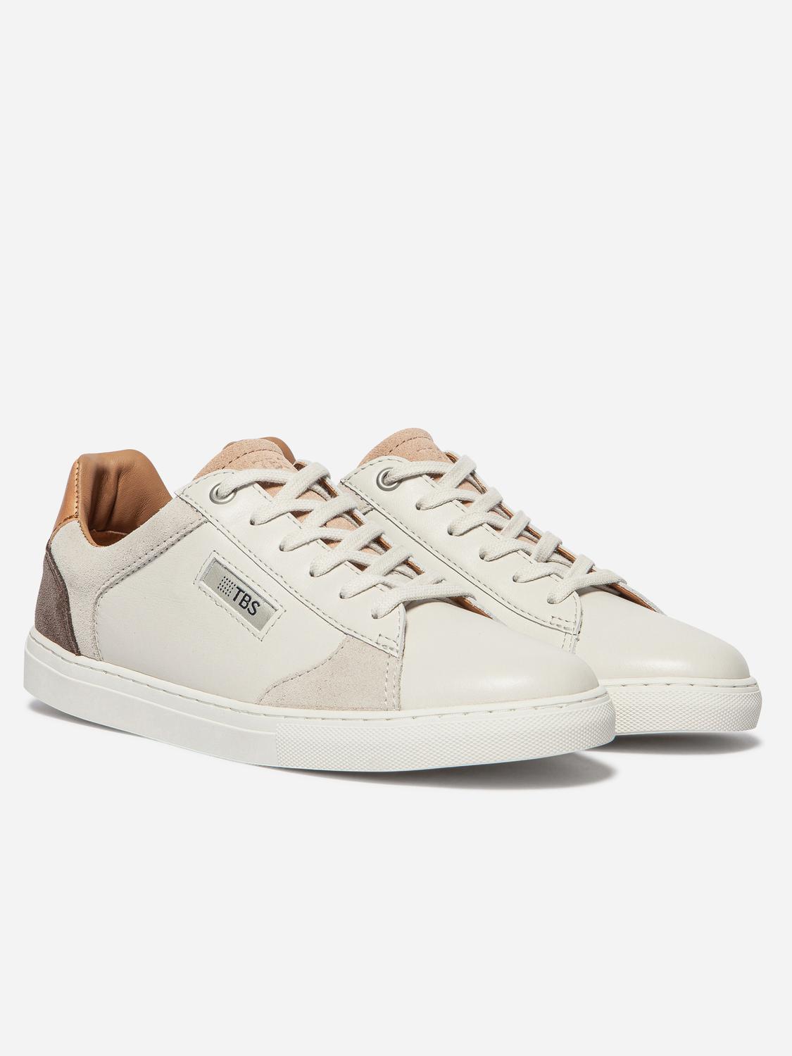 Baskets Cuir Femme Fabriquées en France Off-White et Acajou et Nude MAULINE