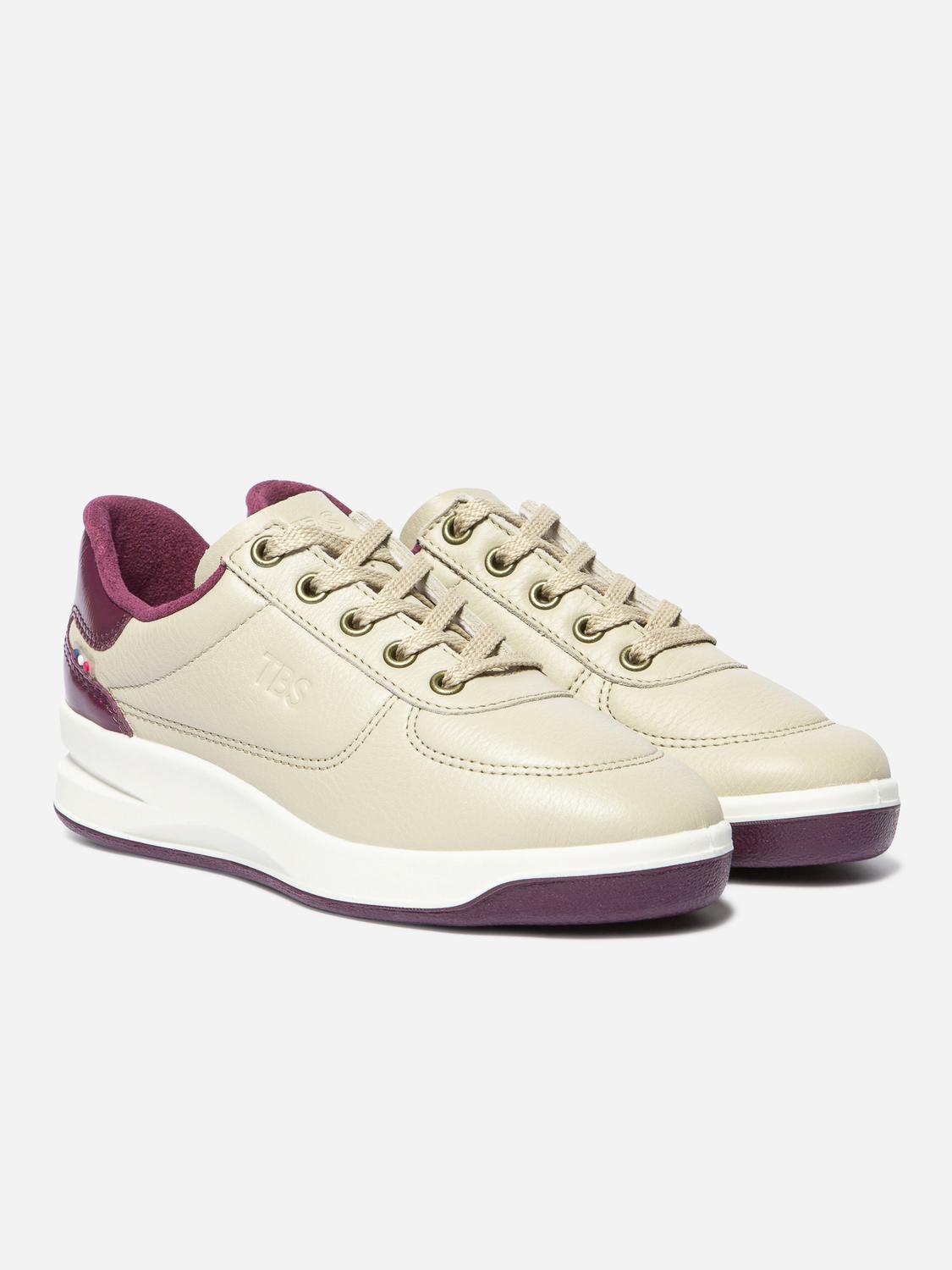 Baskets Cuir Femme Fabriquées en France Doublée Textile Beige et Bordeaux BRANDIE