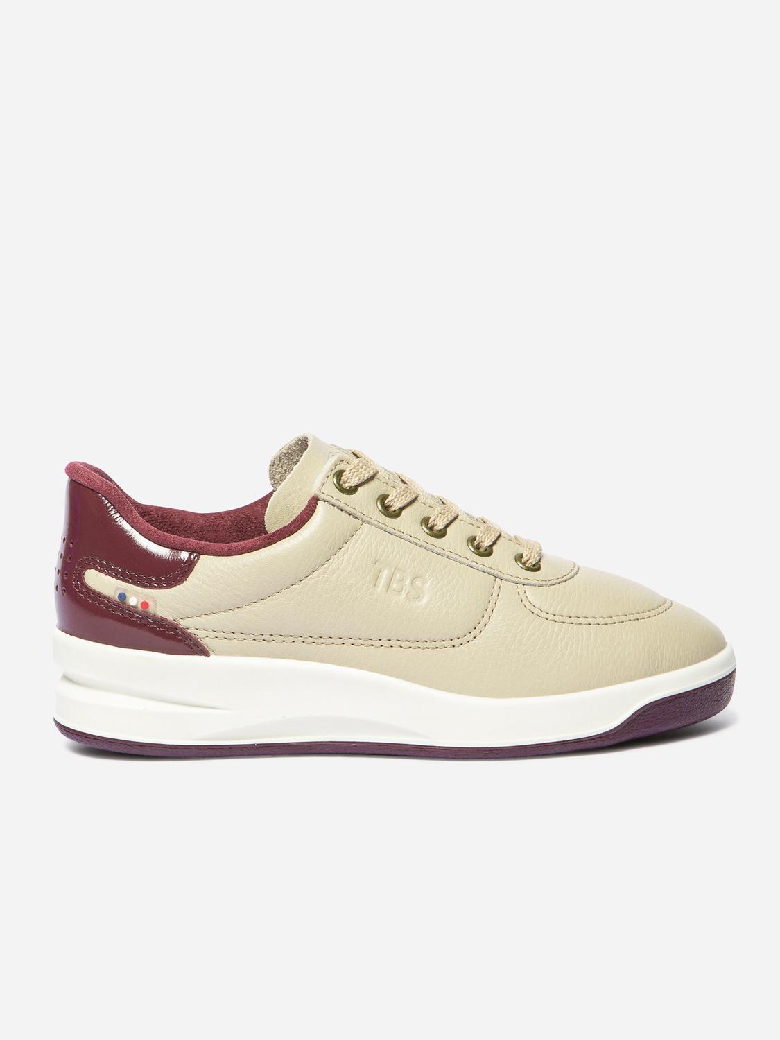 Baskets Cuir Femme Fabriquées en France Doublée Textile Beige et Bordeaux BRANDIE