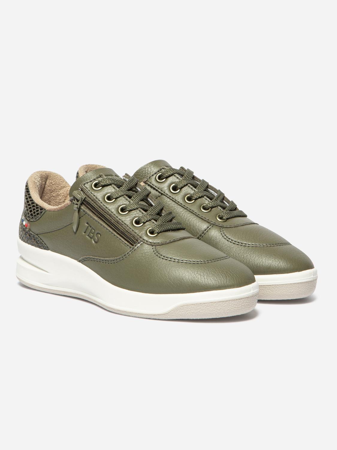 Baskets Femme Fabriquées en France Zippées Dessus Cuir Vert BRAZIP2