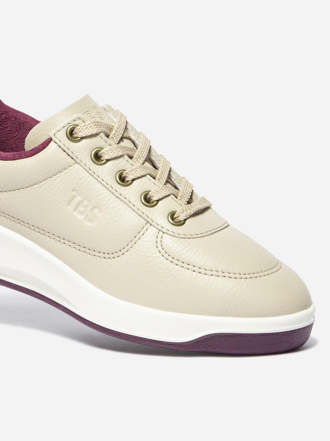 Baskets Cuir Femme Fabriquées en France Doublée Textile Beige et Bordeaux BRANDIE