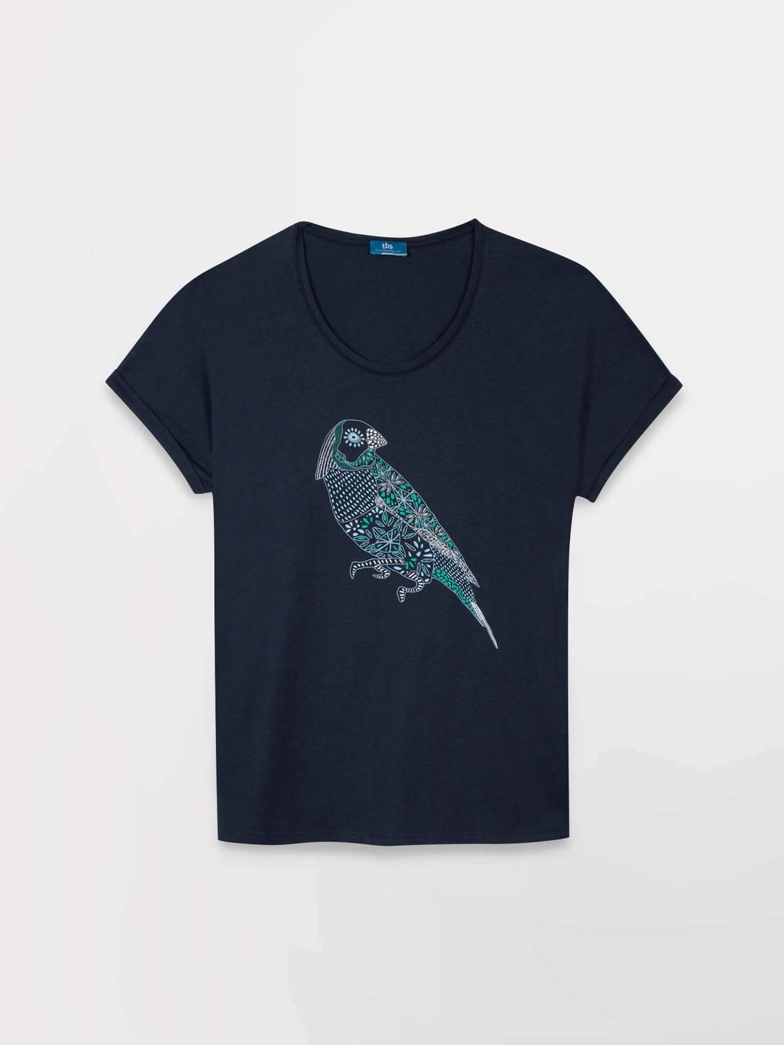Tee Shirt Femme Coton Biologique Motif Perroquet Marine