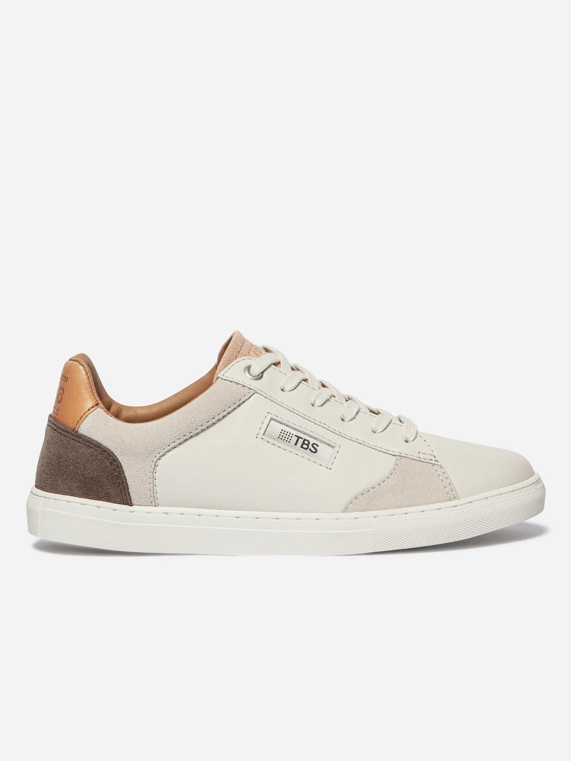 Baskets Cuir Femme Fabriquées en France Off-White et Acajou et Nude MAULINE