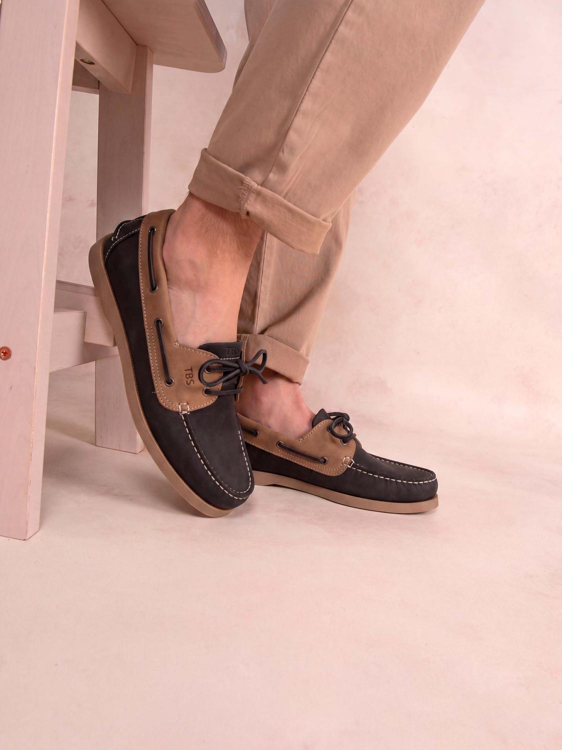 Boat Shoes Men Leather Navy & Brown