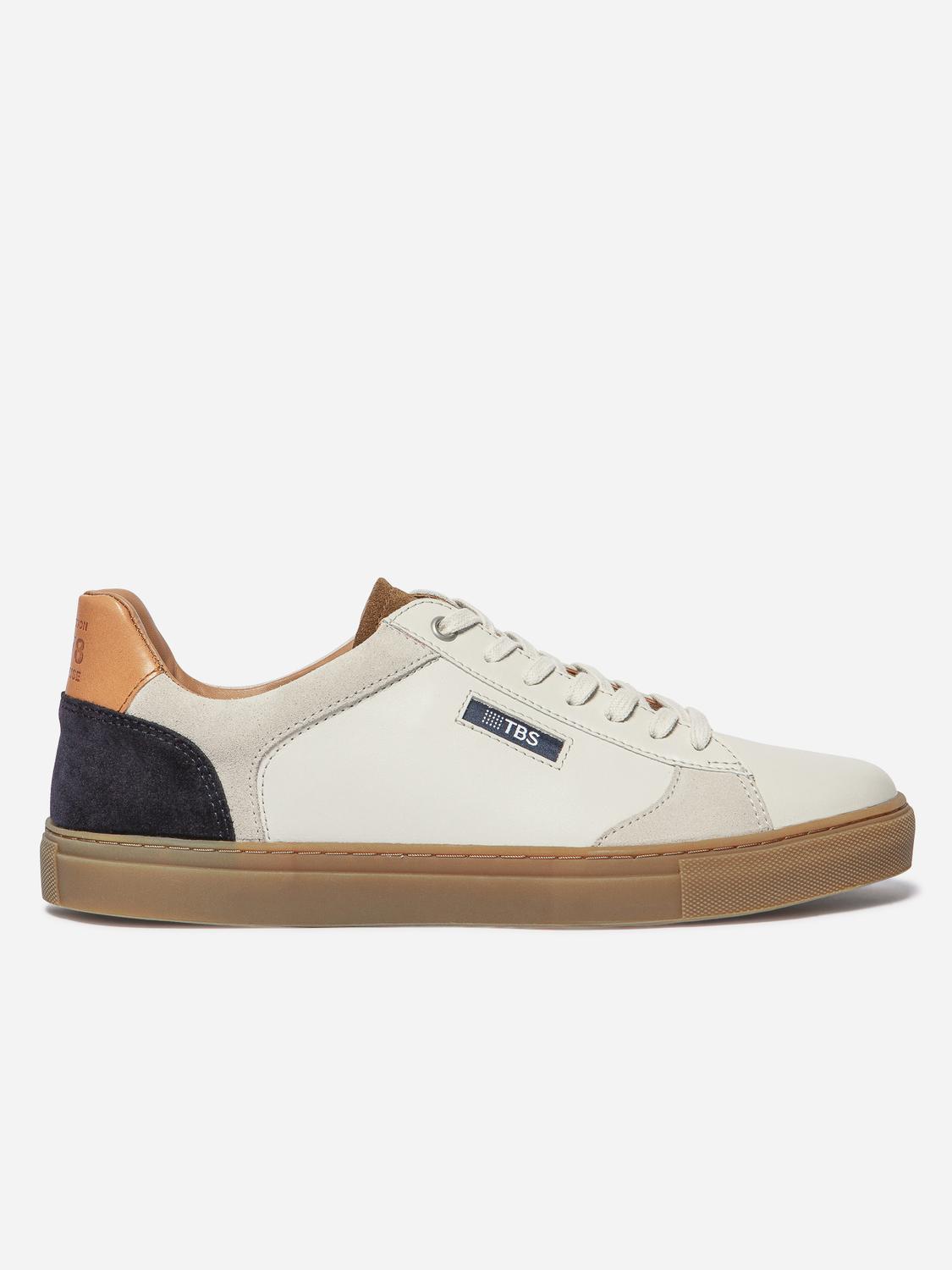 Baskets Cuir Homme Fabriquées en France Off-White et Navy et Tabac MAUBERT