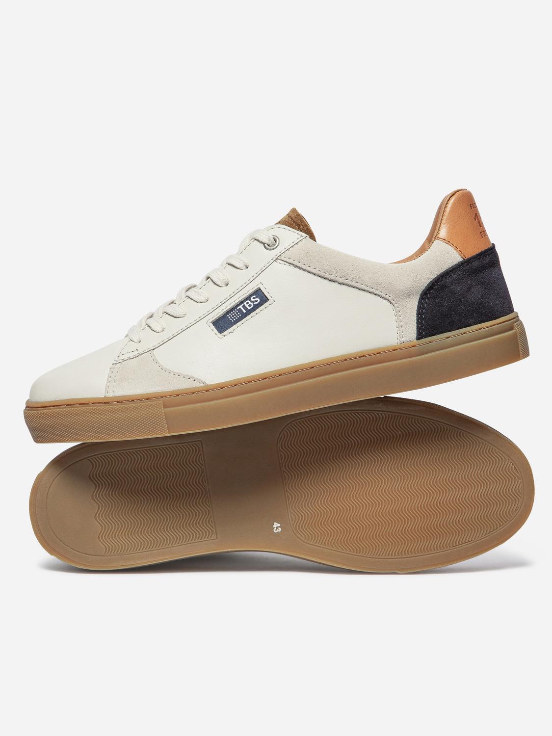 Baskets Cuir Homme Fabriquées en France Off-White et Navy et Tabac MAUBERT