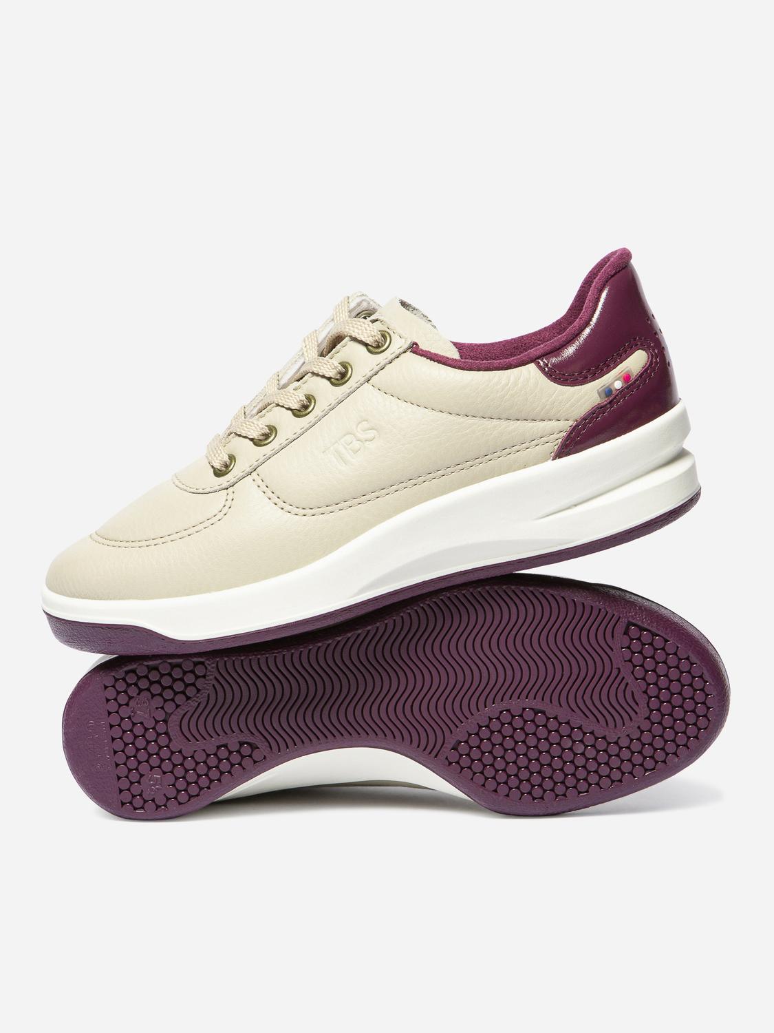 Baskets Cuir Femme Fabriquées en France Doublée Textile Beige et Bordeaux BRANDIE