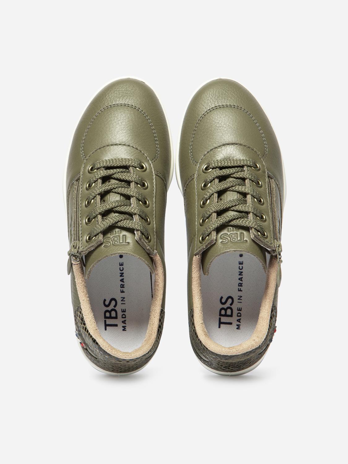 Baskets Femme Fabriquées en France Zippées Dessus Cuir Vert BRAZIP2