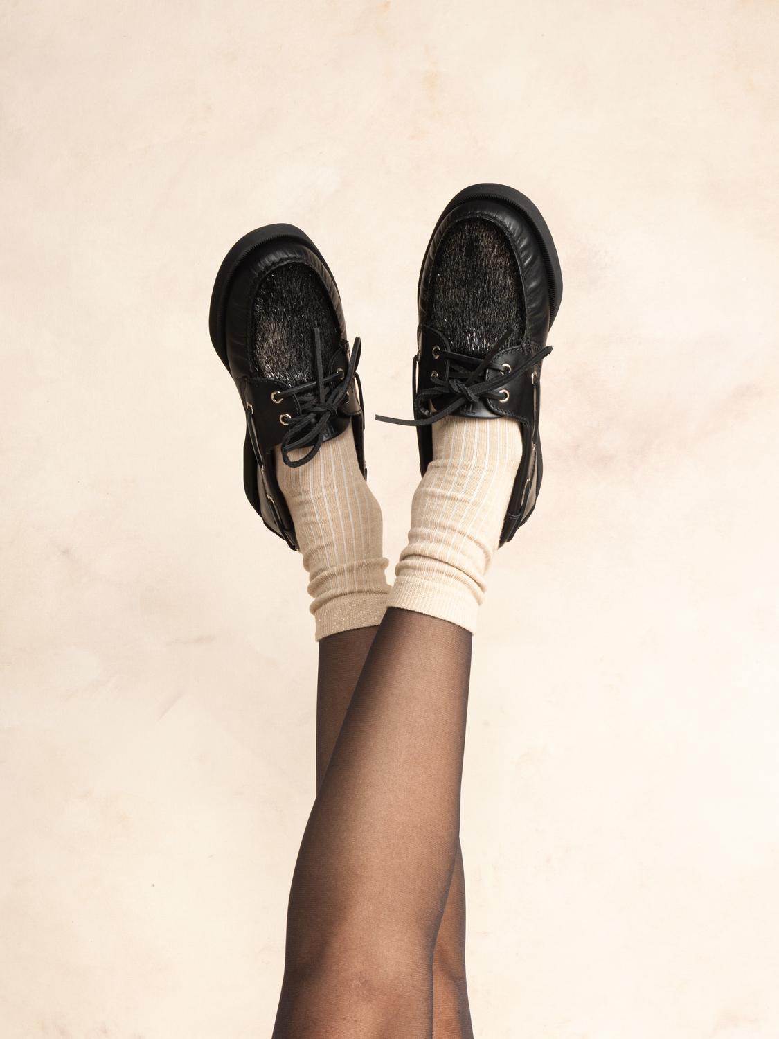 Chaussure Bateau Femme Cuir Noir et Silver PHENISE