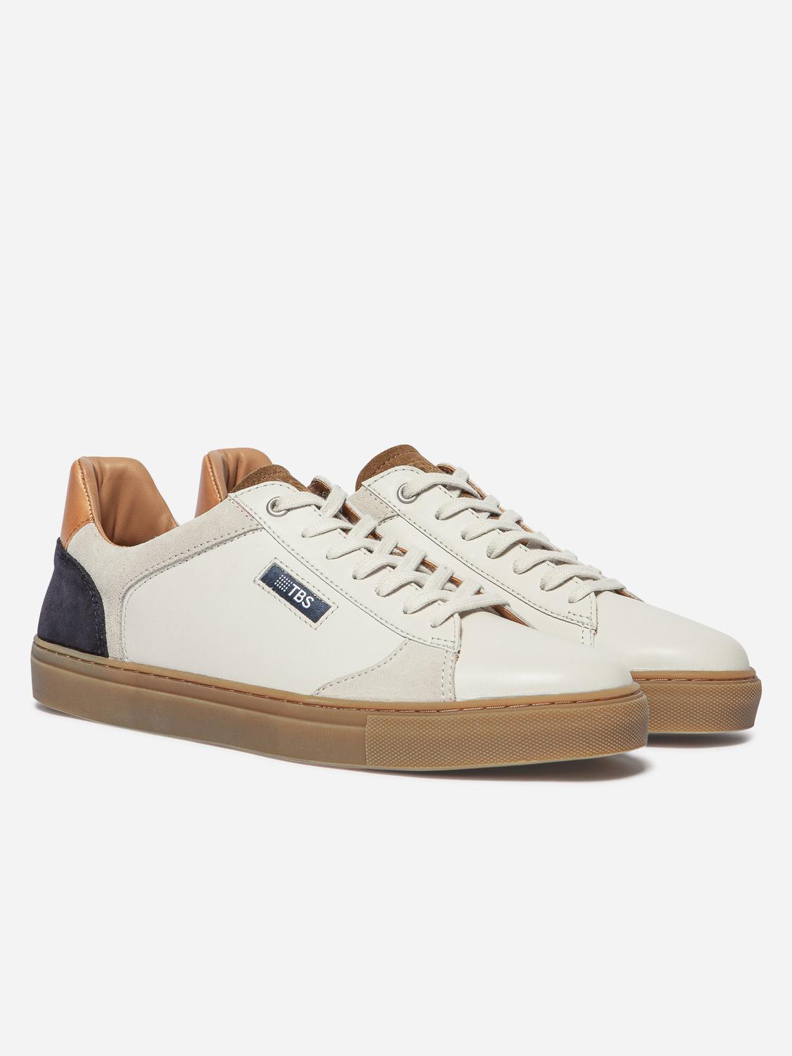 Baskets Cuir Homme Fabriquées en France Off-White et Navy et Tabac MAUBERT