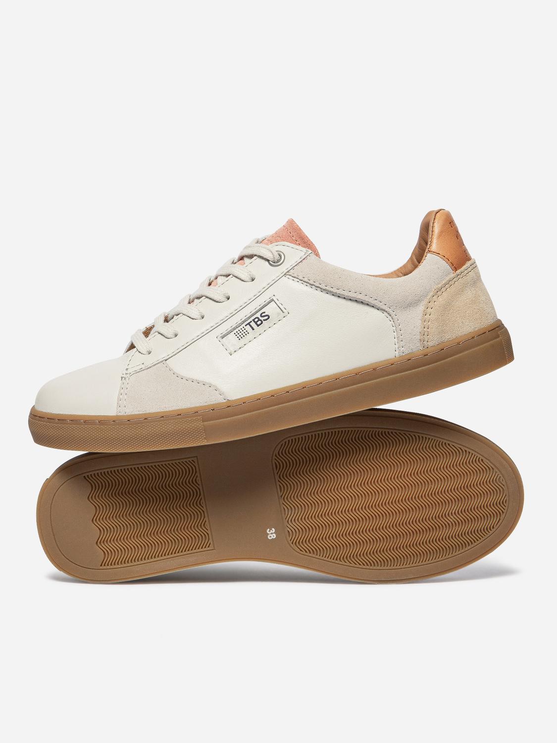 Baskets Cuir Femme Fabriquées en France Off-White et Beige et Rose MAULINE