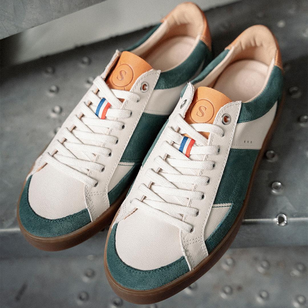 Tennis Cuir Fabrication Française Crème vert SESSILE Tennis Cuir Fabrication Française Crème vert SESSILE