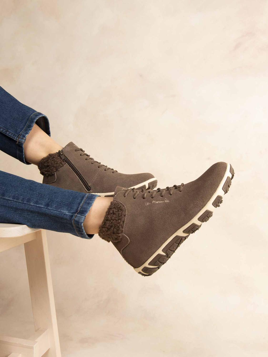 Bottines Femme Doublée Textile Cuir Taupe JANISSA