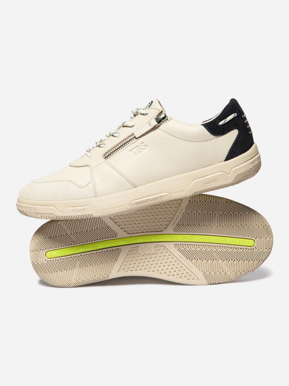 Tennis en cuir homme creme et marine GEDEZIP