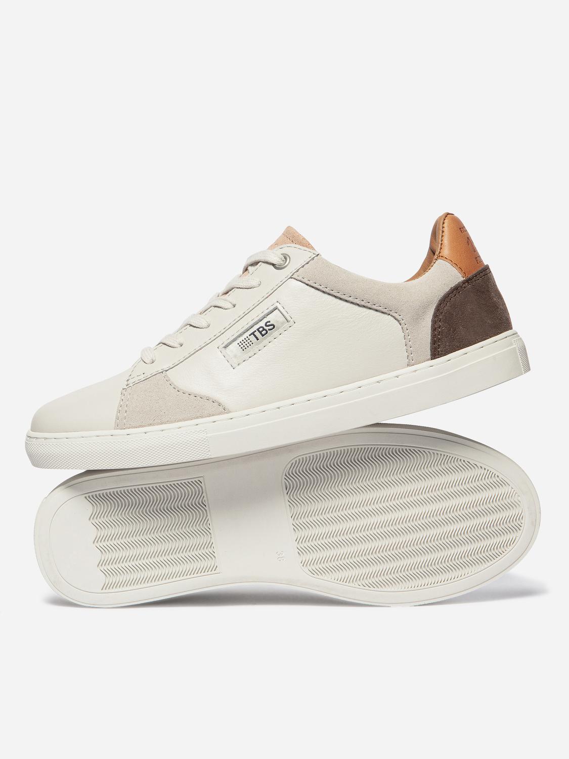 Baskets Cuir Femme Fabriquées en France Off-White et Acajou et Nude MAULINE
