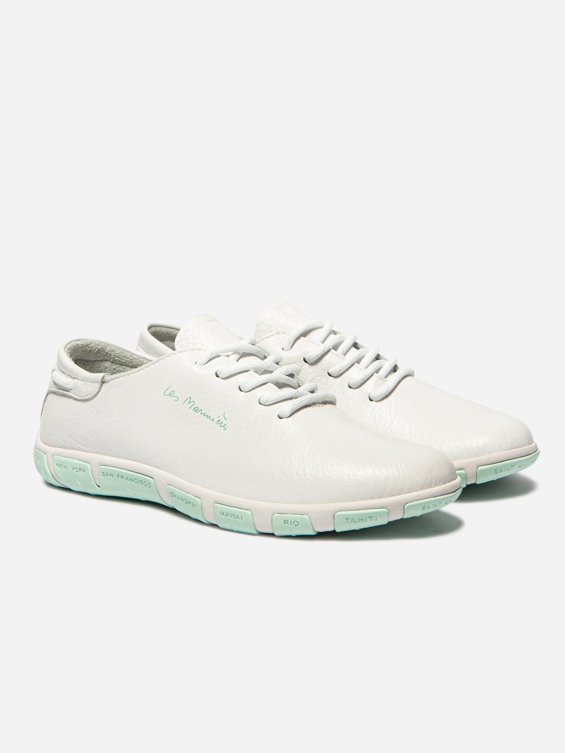 Tennis Femme Confort Cuir Blanc et Vert d'eau JAZARU