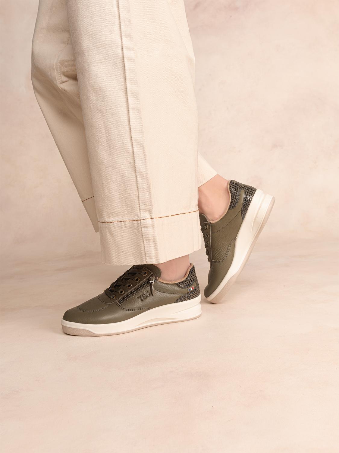 Baskets Femme Fabriquées en France Zippées Dessus Cuir Vert BRAZIP2