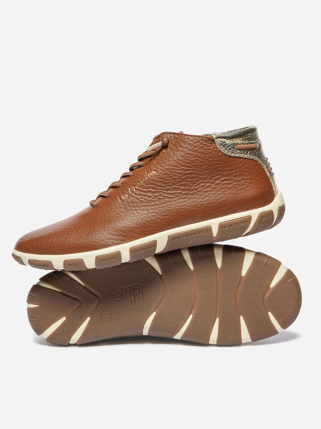 Baskets Mi-Montantes Femme Cuir Pecan et Champagne JESMINI