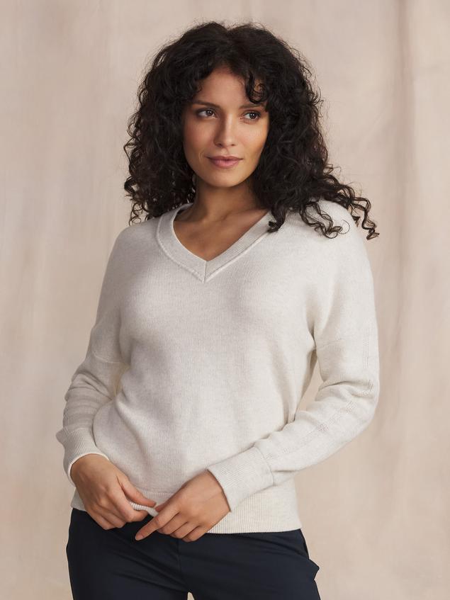 Pull Femme Tricot Col V Coton Laine Blanc ENOLAVER