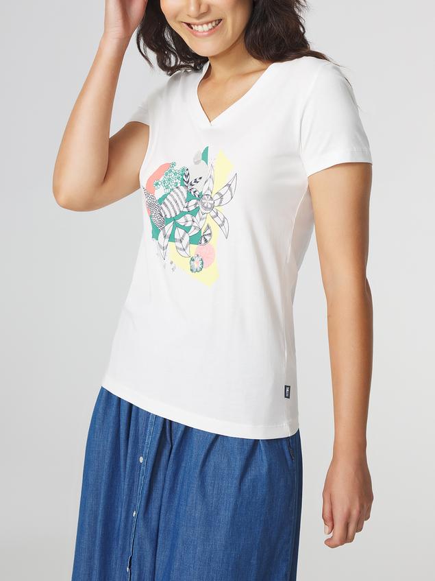T-shirt Femme Col V Manches Courtes Motifs Blanc LUGDITEE
