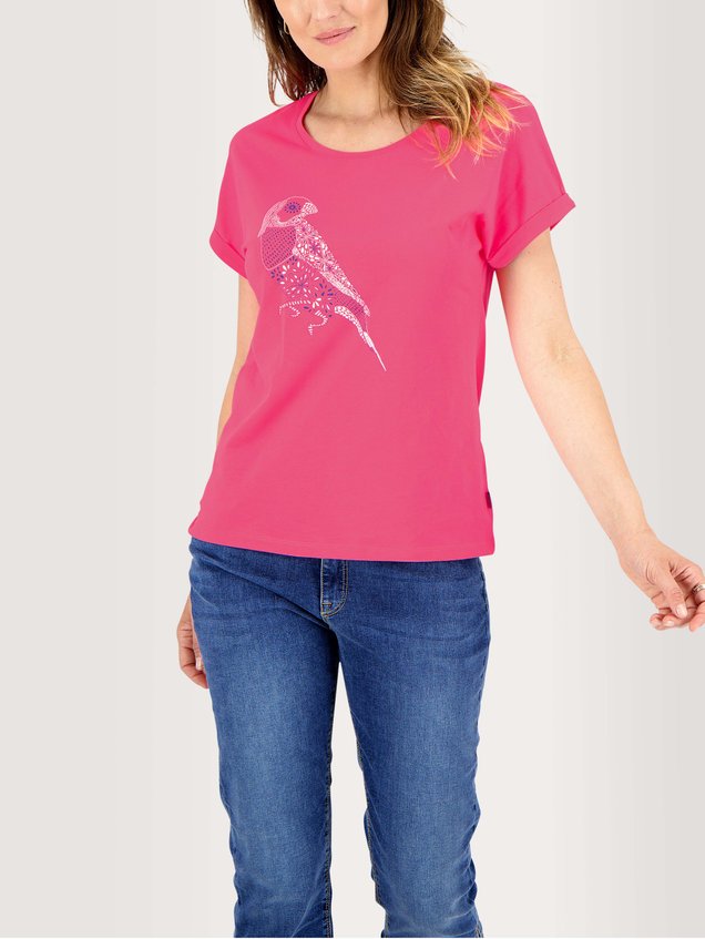 Tee Shirt Femme Coton Biologique Motif Perroquet Fuschia