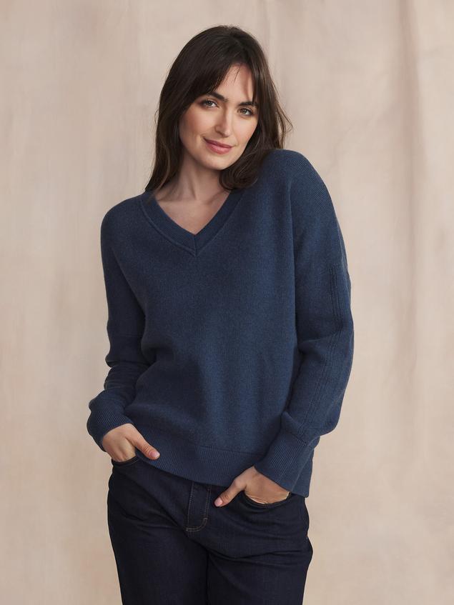 Pull Femme Tricot Col V Coton Laine Bleu ENOLAVER