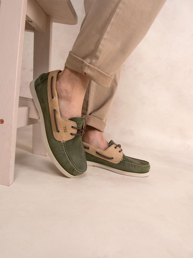 Men's Leather Green and Beige Boat Shoes PHENIS