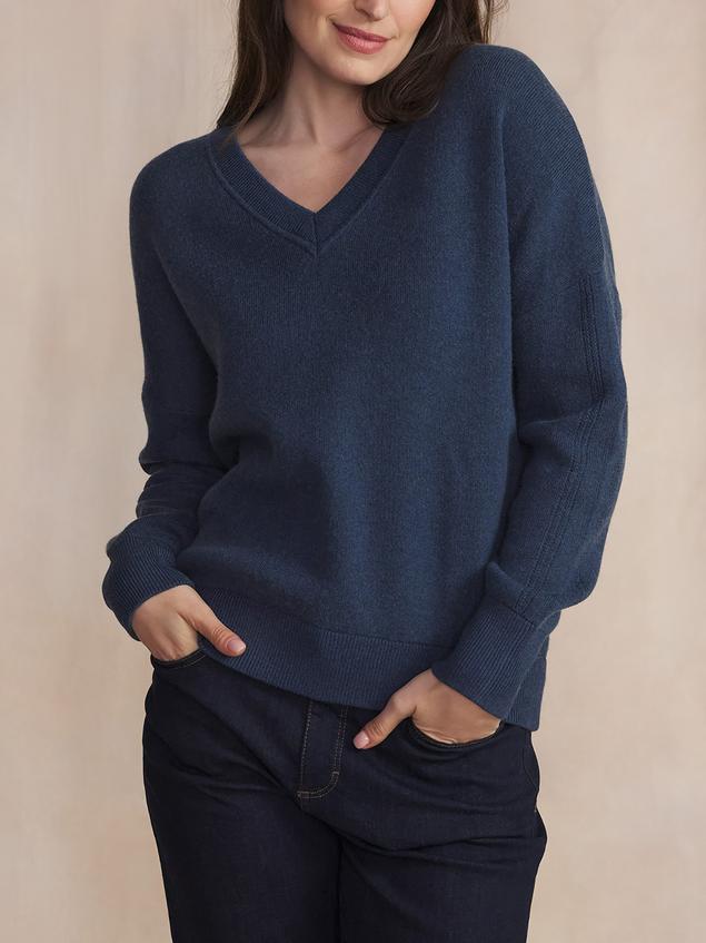 Pull Femme Tricot Col V Coton Laine Bleu ENOLAVER