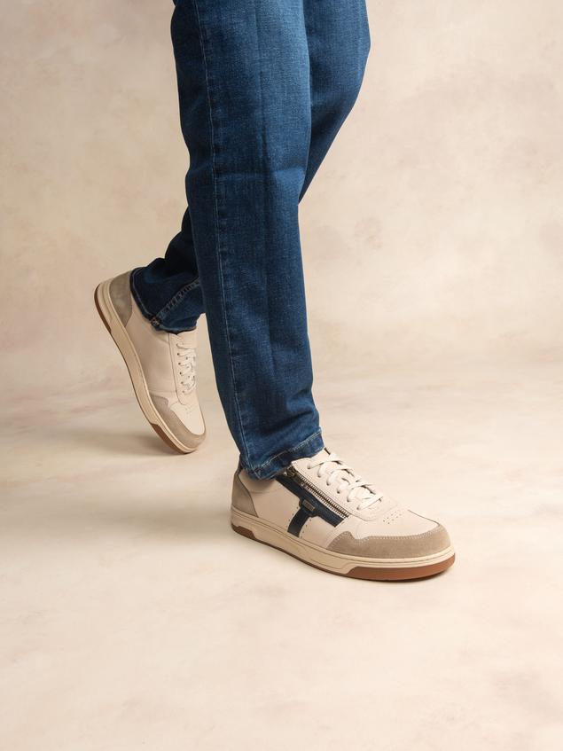 Men's Zipped Leather Cream and Navy Sneakers THEOZIP