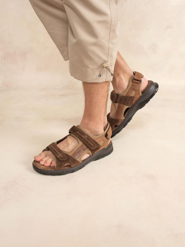 Men's Hook-and-Loop Upper Leather Brown and Black Sandals JOHALIN