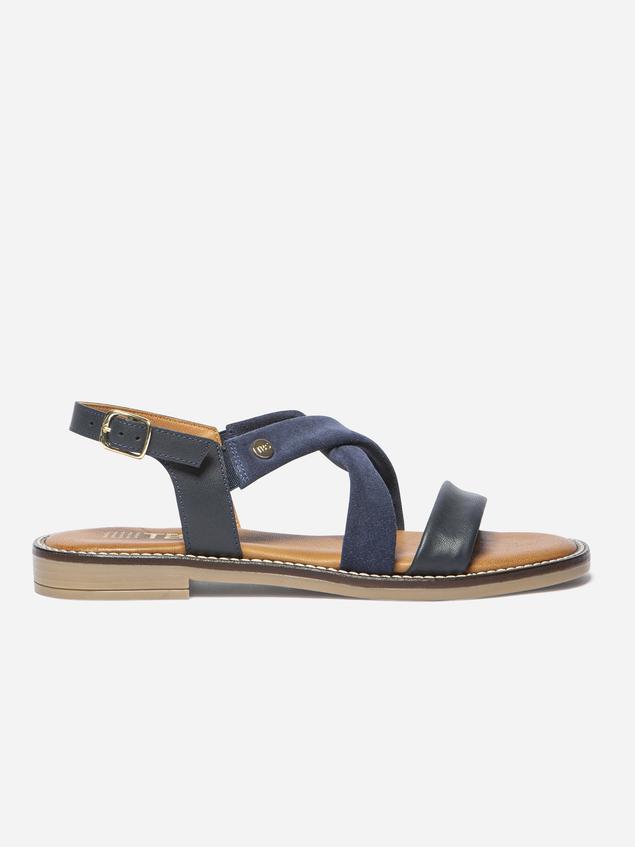 Sandales Plates Femme Cuir  Fermeture Boucle Marine