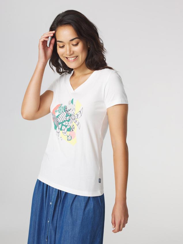 T-shirt Femme Col V Manches Courtes Motifs Blanc LUGDITEE