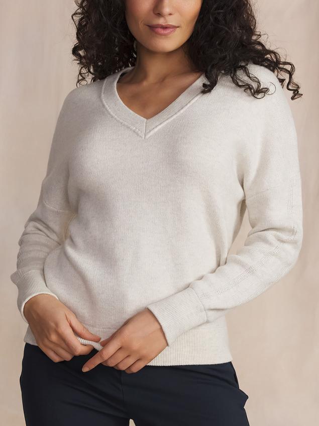 Pull Femme Tricot Col V Coton Laine Blanc ENOLAVER