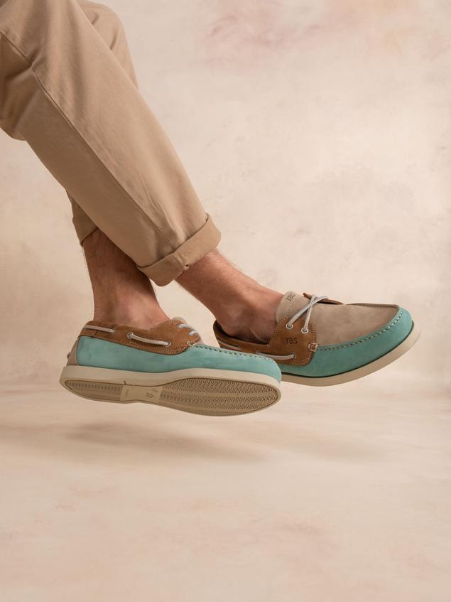 Chaussures bateau homme vert d'eau et tan PHENIS