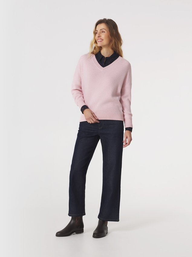 Pull Femme Tricot Col V Coton Laine Rose ENOLAVER