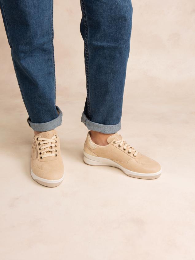 Women's Made in France Suede Leather Lace-Up and Zip Fastening Beige Sneakers BRAZIP2