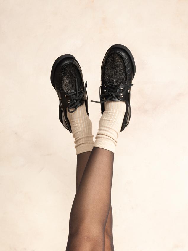 Chaussure Bateau Femme Cuir Noir et Silver PHENISE