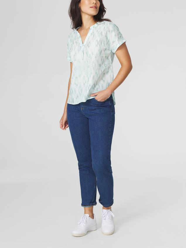 Blouse Femme Imprimés Col V Blanc et Vert ETEILMIS