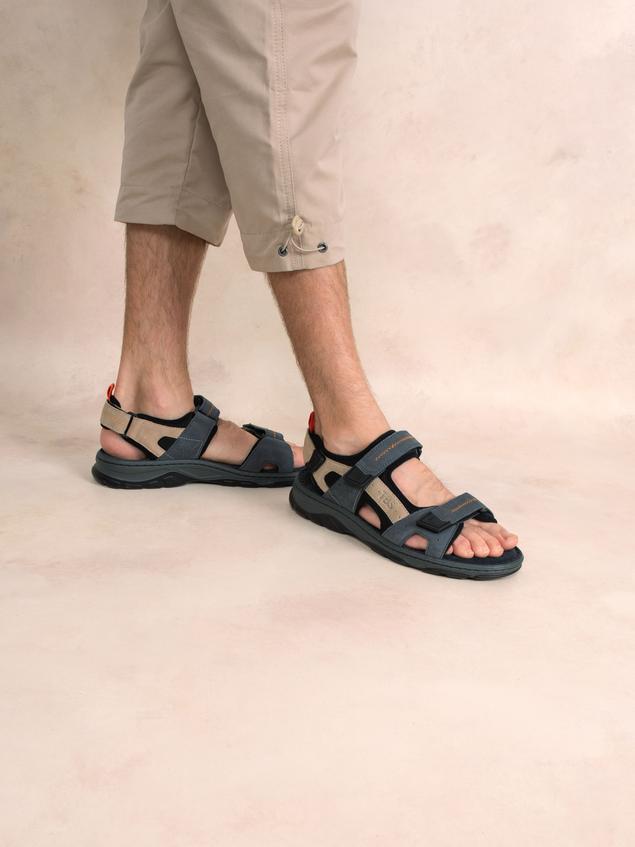 Men's Nubuck Leather Hand-Stitched Ortholite Blue and Beige Sandals JAIMMYE