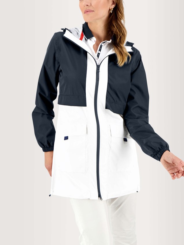 Coupe-Vent Femme Imperméable Coupe Longue Marine et Blanc