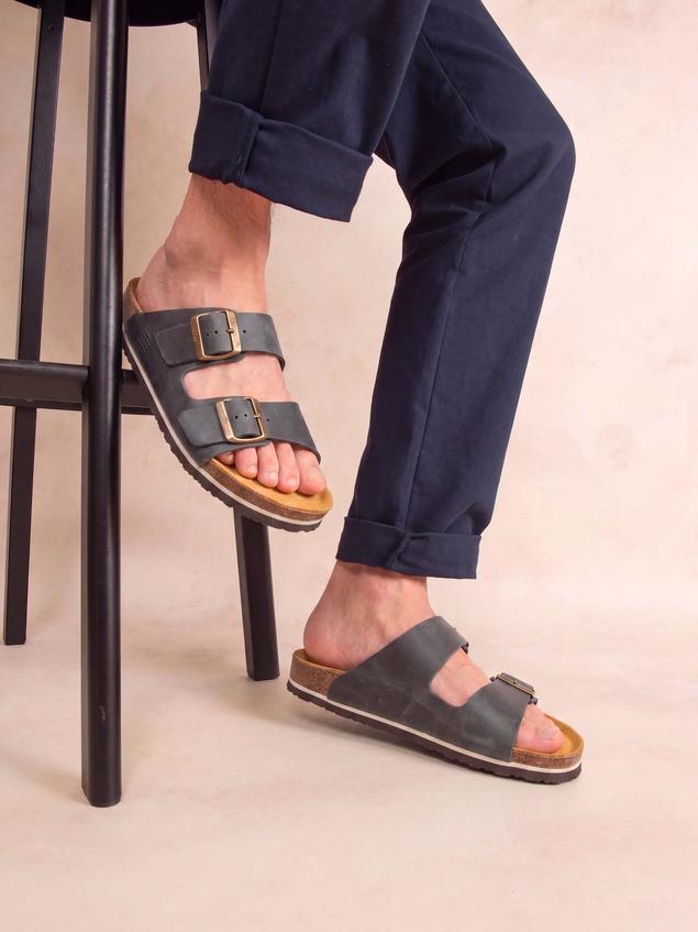 Men's Leather Made in Europe Buckle Fastening Navy Mules NEYLANN