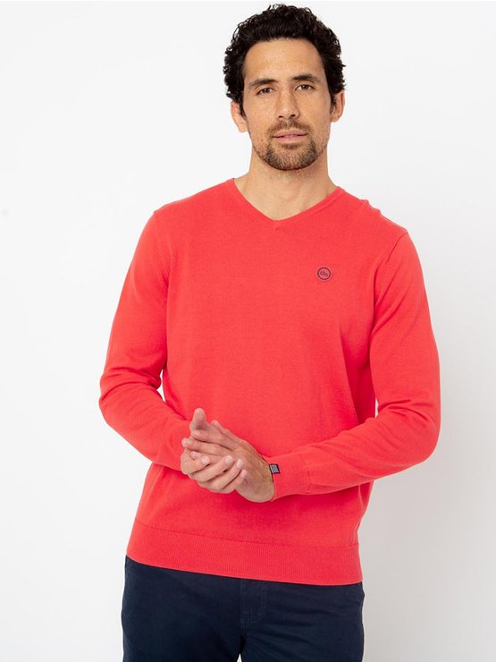 Pull Homme Col V Coton Bio Rouge